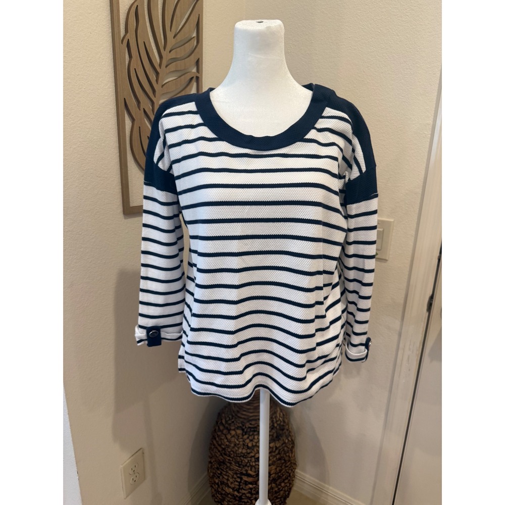 Tribal Womens Navy White Striped Honeycomb Knit Top 2033O-8109 Medium